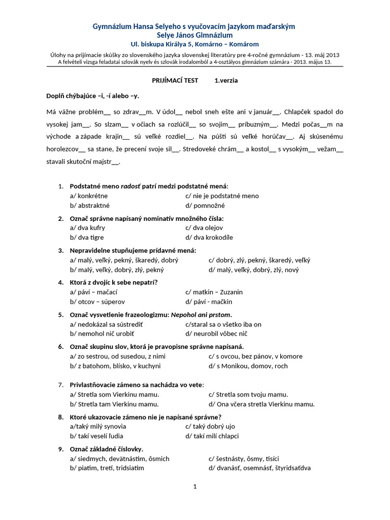 SJSL Prij Mac Test 2013 K 1 Verzia | PDF