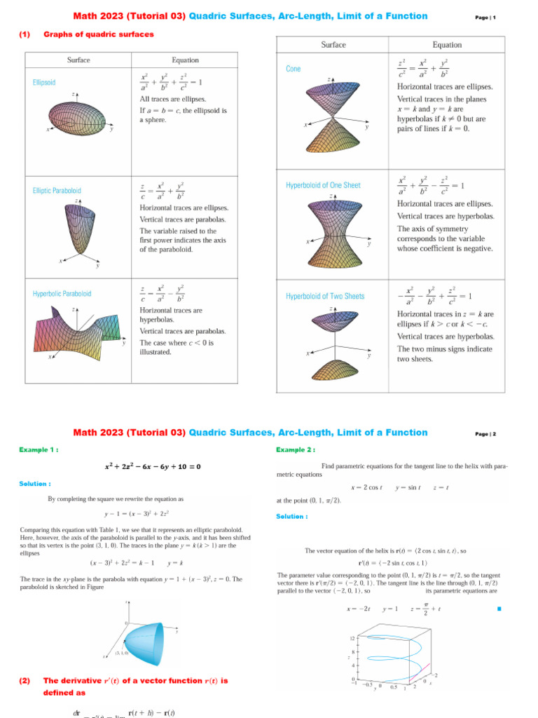 Quadric Surfaces and Arc Length Tutorial | PDF | Curve | Geometry