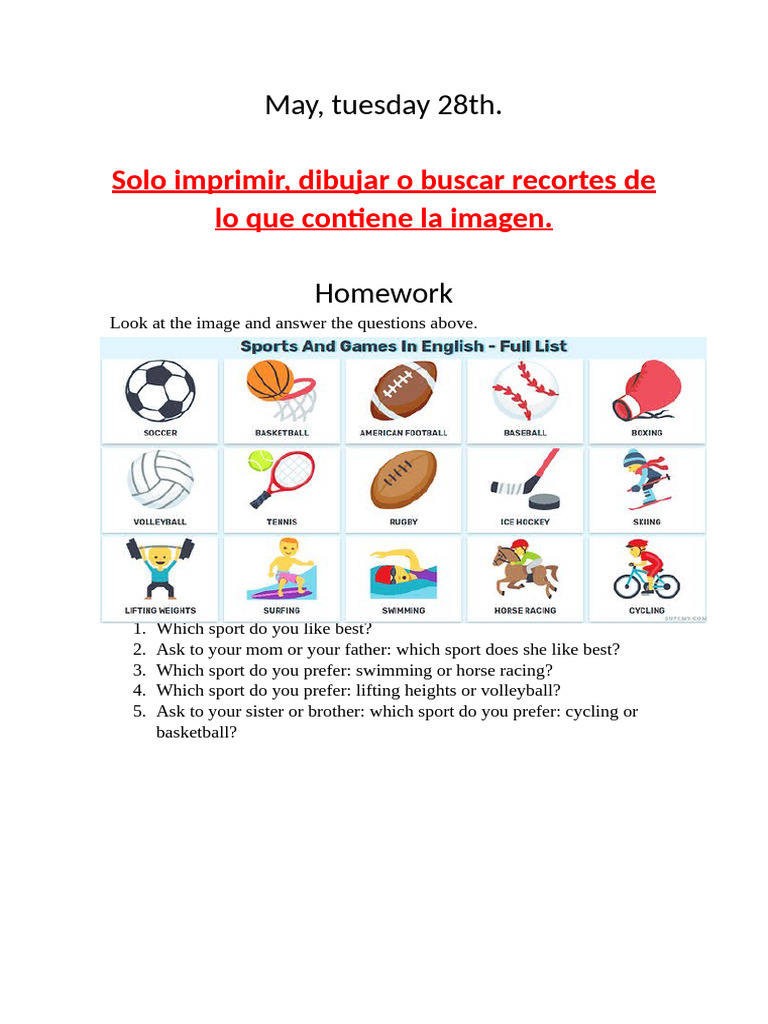 Sports Preference Homework Activity | PDF | Sports & Recreation | Self ...