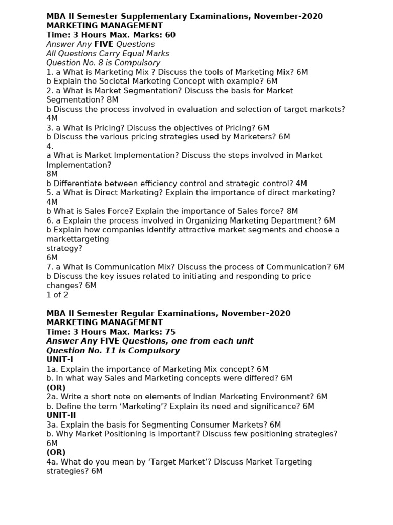 MBA Marketing Management Exam Questions | PDF | Marketing | Sales