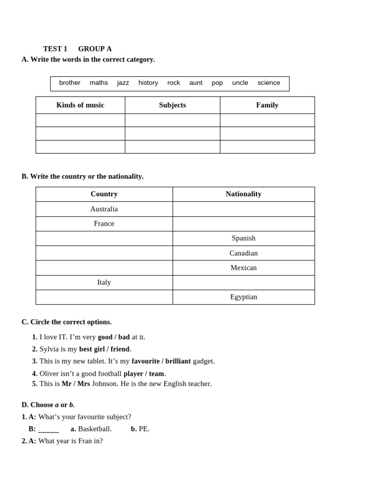 Test 1 Group A | PDF | Language Arts & Discipline