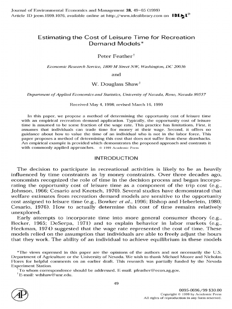 Estimating The Cost of Leisure Time For Recreation Demand Models | PDF ...