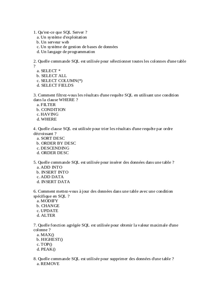 QCM sur les commandes SQL essentielles | PDF | SQL | Microsoft SQL Server