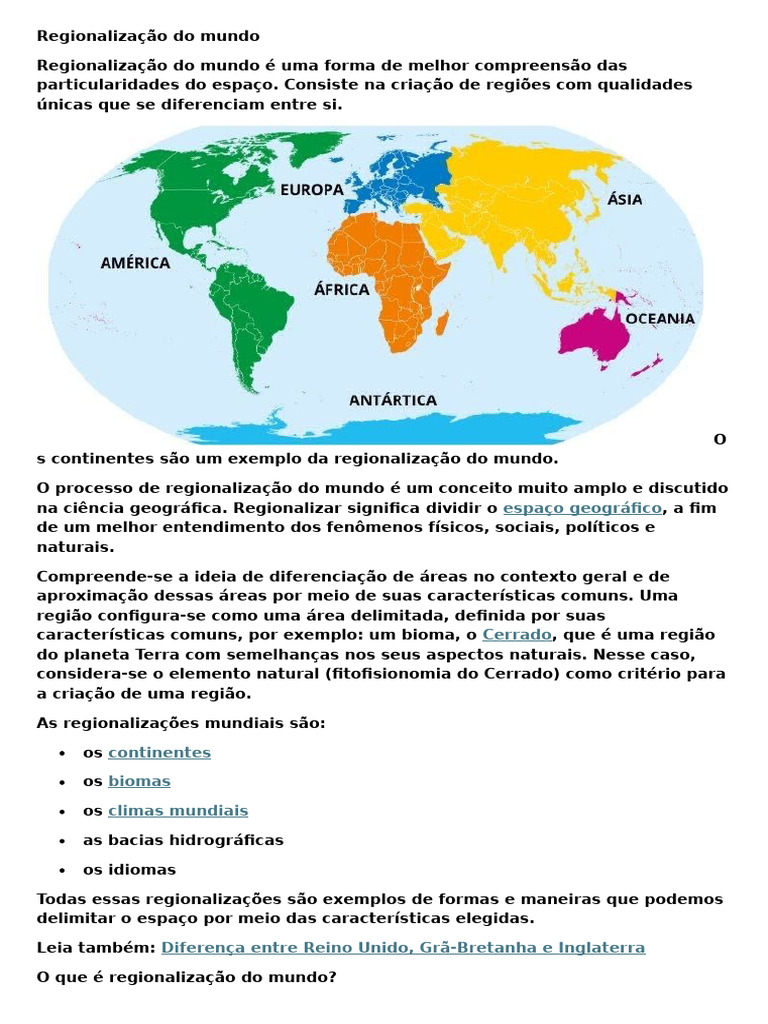 Regionalização do Mundo: Conceitos e Tipos | PDF | Ásia | Geografia