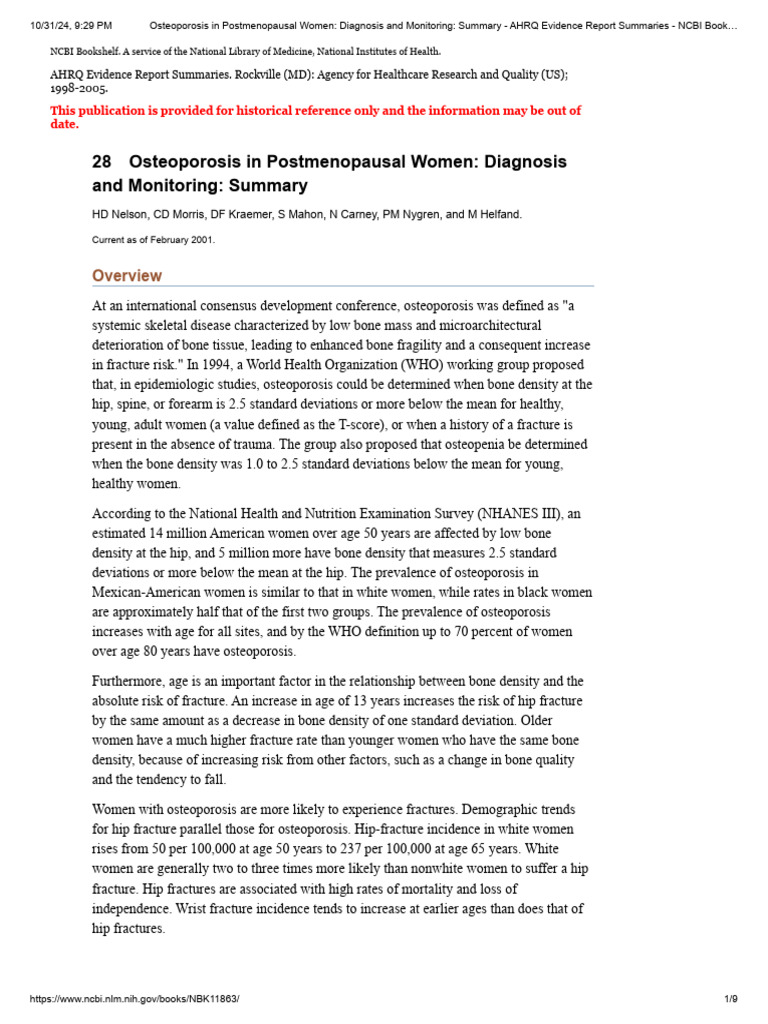 Osteoporosis in Postmenopausal Women - Diagnosis and Monitoring ...
