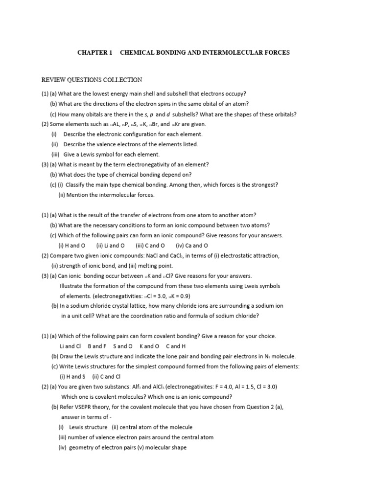 Chemical Bonding Review Questions | PDF | Chemical Bond | Ionic Bonding