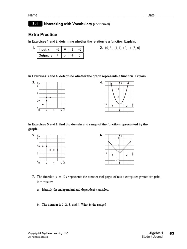 Algebra 1 - 3.1-3.3 WB Pages | PDF | Function (Mathematics) | Nonlinear ...