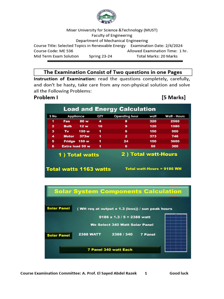 Midterm Exam Solutions for ME 536 | PDF | Photovoltaics | Solar Panel