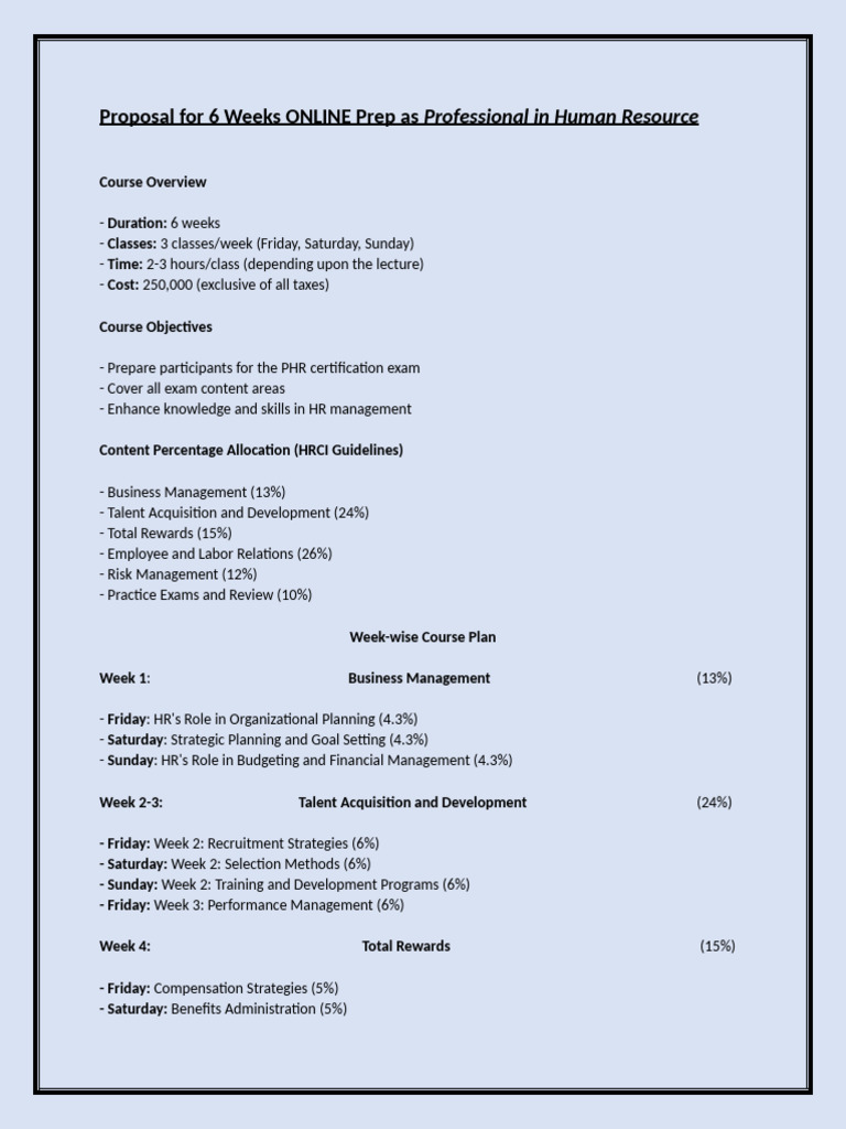 Proposal For 6 Weeks ONLINE Prep As Professional in Human Resource ...