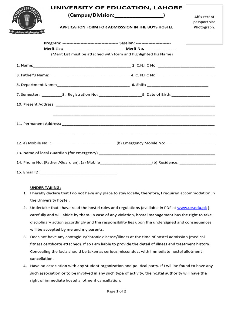 Boys Hostel Admission Application Form | PDF | Justice | Crime & Violence