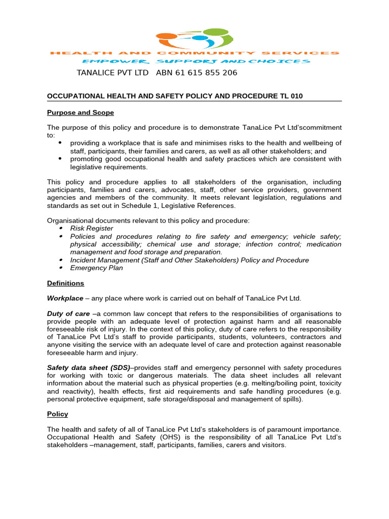 Occupational Health and Safety Policy and Procedure TL010 | PDF ...