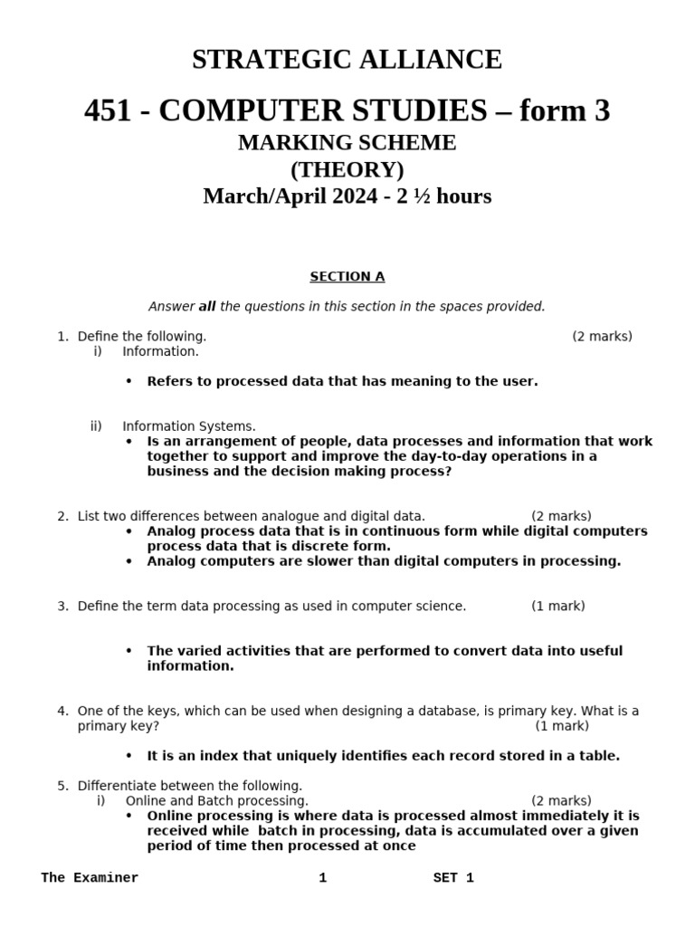 Form 3 Computer Studies PP1 Ans | PDF | Computer Data Storage | Programming