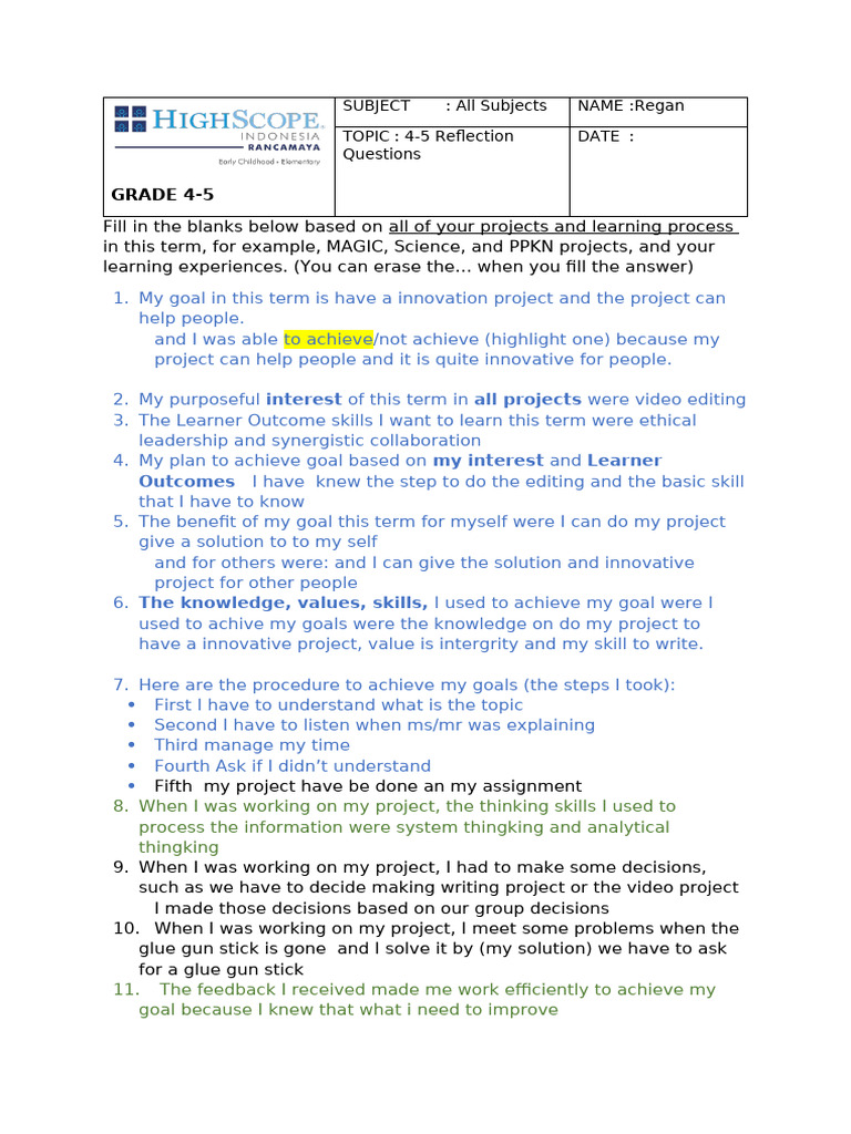Project Management Skills Reflection | PDF | Learning | Goal