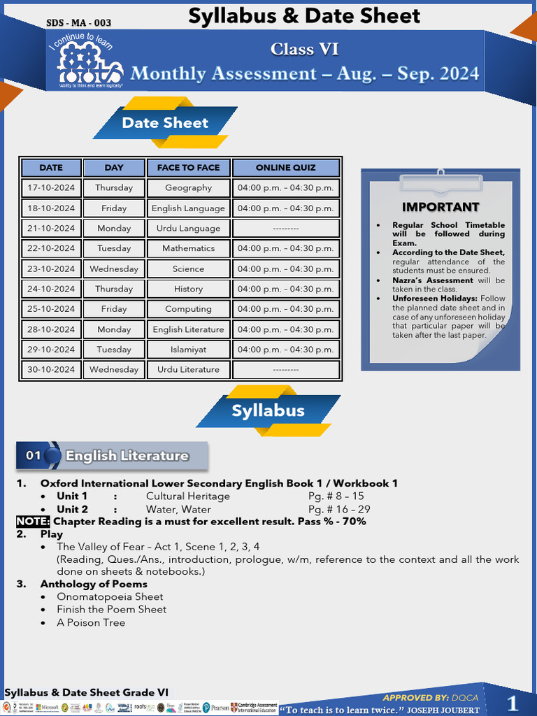 Syllabus & Datesheet - Grade 6 | PDF | Linguistics | Grammar