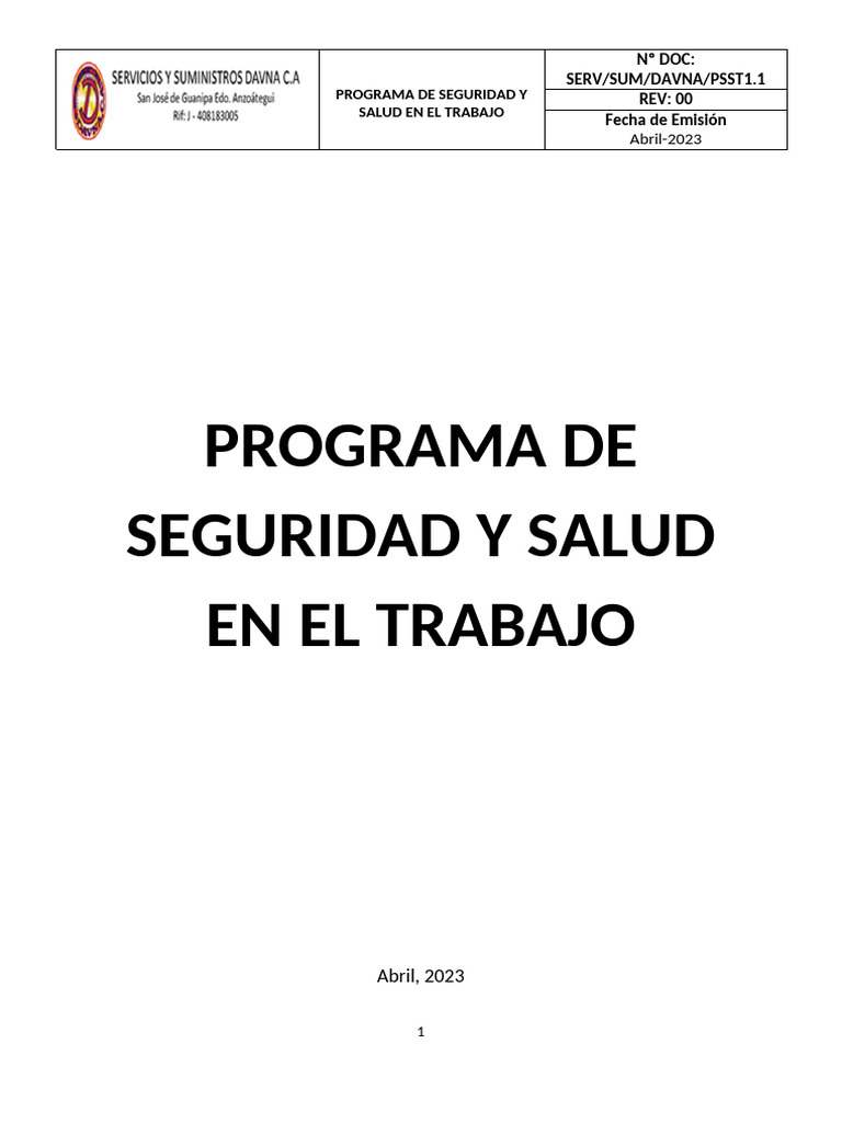 Programa de Salud y Seguridad Laboral | PDF | Seguridad y salud ...