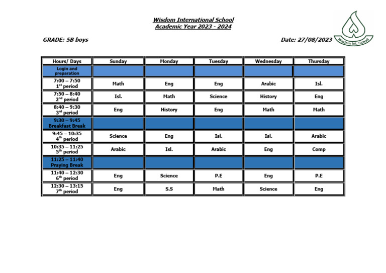 Grade 5B Boys Class Schedule 2023-24 | PDF