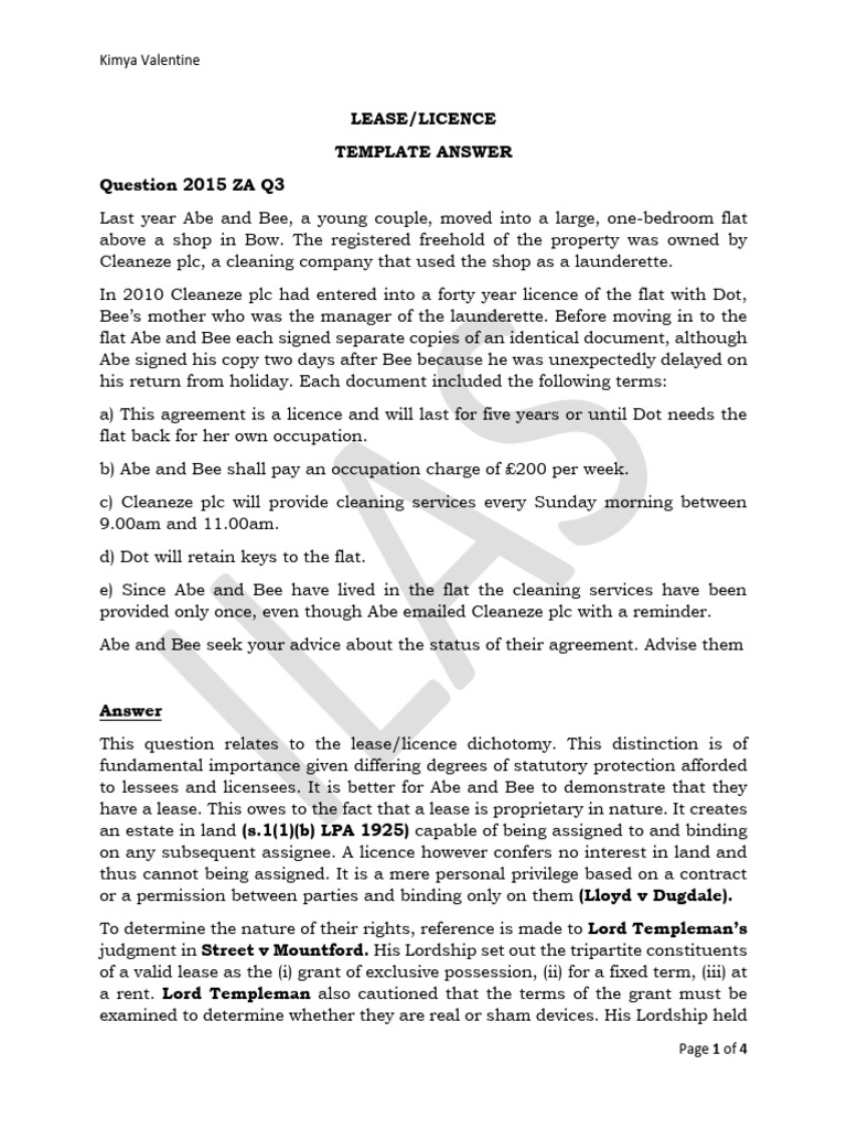 Ilas - Property Law - Lease - Licence - Template Answer | PDF ...