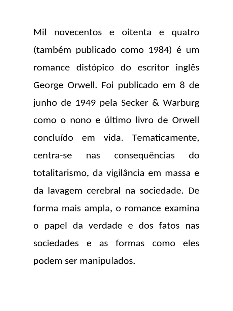 Análise de "Mil Novecentos e Oitenta e Quatro" | PDF | Filosofia | História