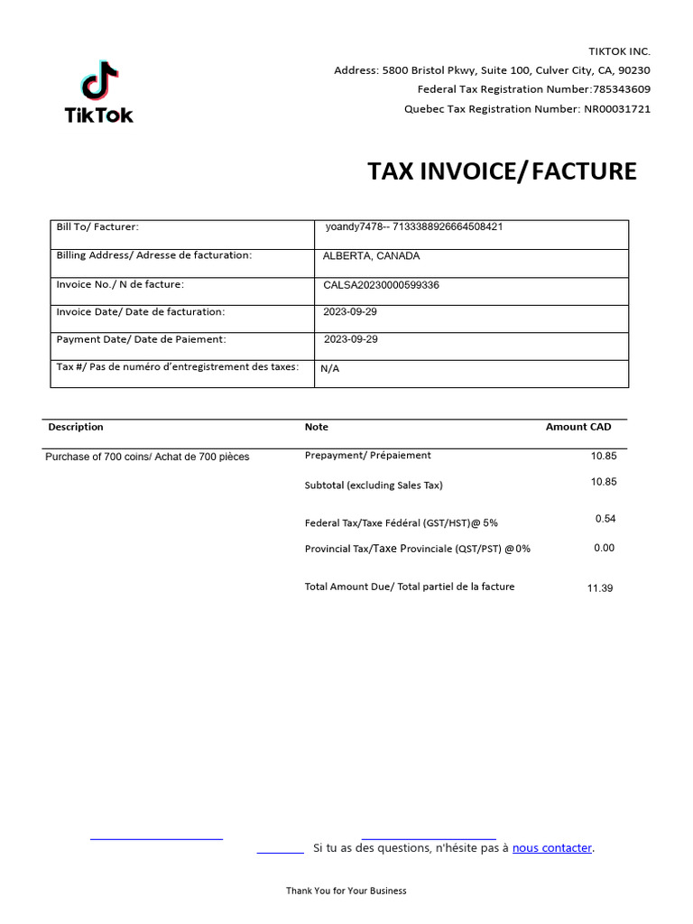 Quebec Tax Invoice Template | PDF