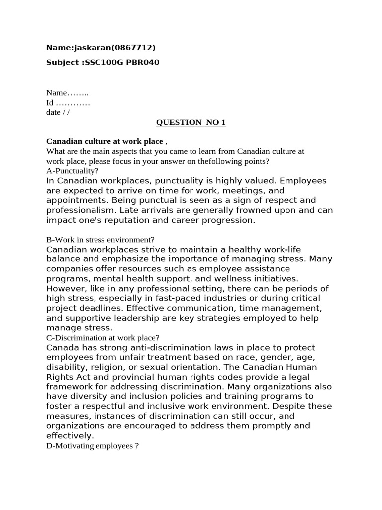 No1 canadian culture at work place name jaskaran 0867712 subject