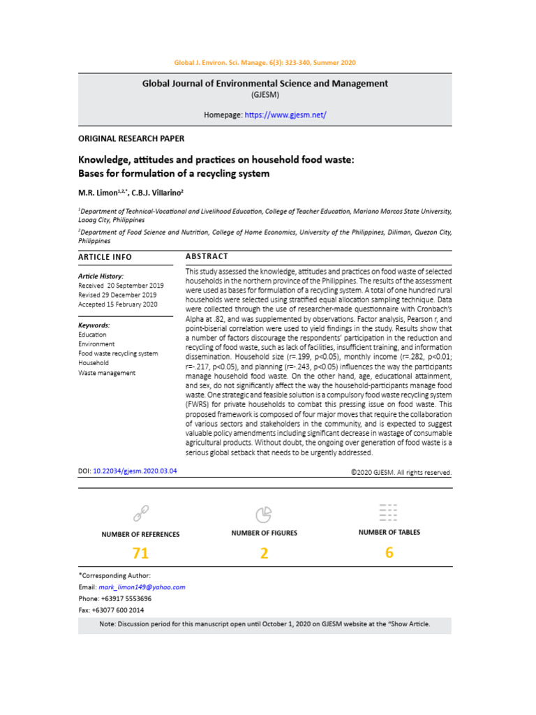 Knowledge - Attitudes and Practices On Household Food Waste - Bases For ...