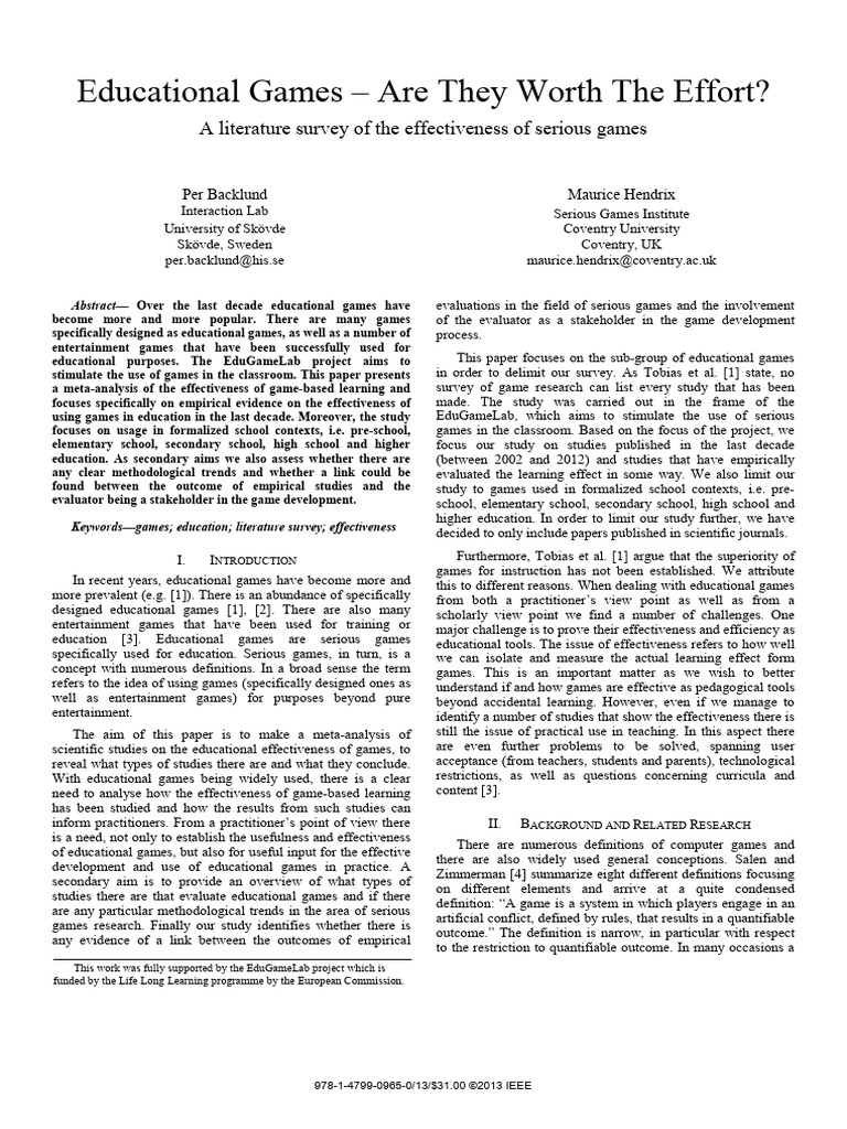 Educational Games - Are They Worth The Effort? A Literature Survey of ...