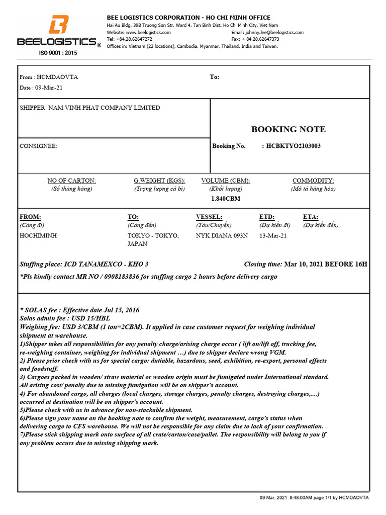 Ho Chi Minh Logistics Booking Note | PDF | Cargo | Supply Chain Management