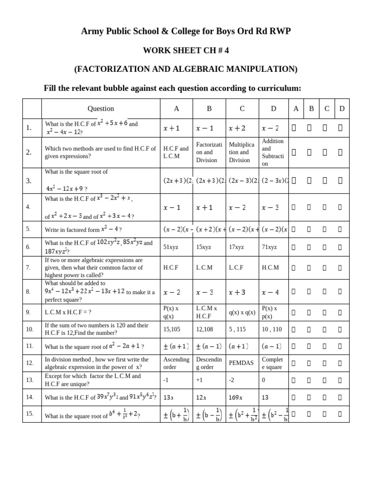 Factorization & Algebra Worksheet RWP | PDF | Factorization | Arithmetic