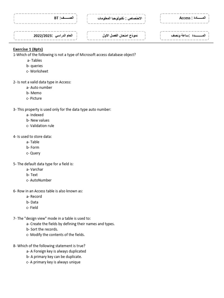 BT3 Sample Access Exam1 | PDF | Table (Database) | Data Type