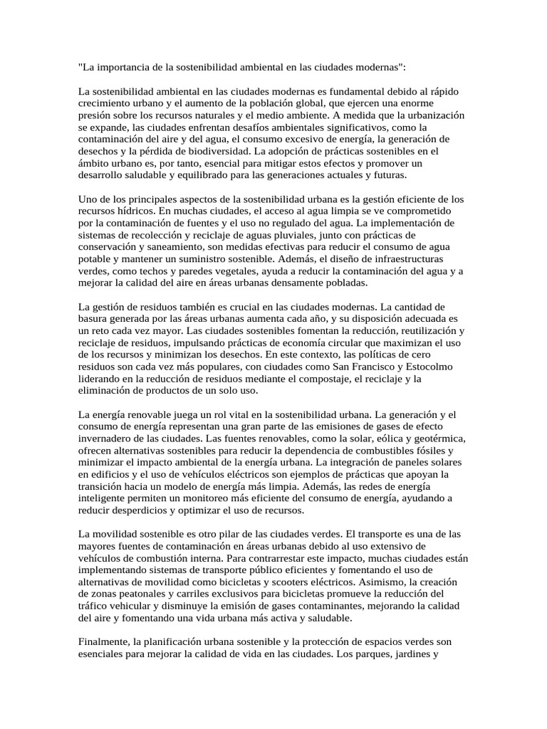 La Importancia de La Sostenibilidad Ambiental en Las Ciudades Modernas ...