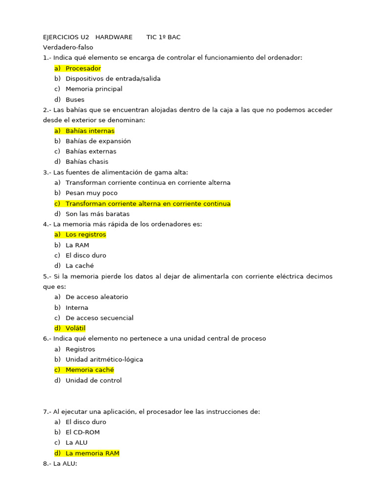 Ejercicios de Hardware para 1º BAC | PDF | Hardware de la computadora ...