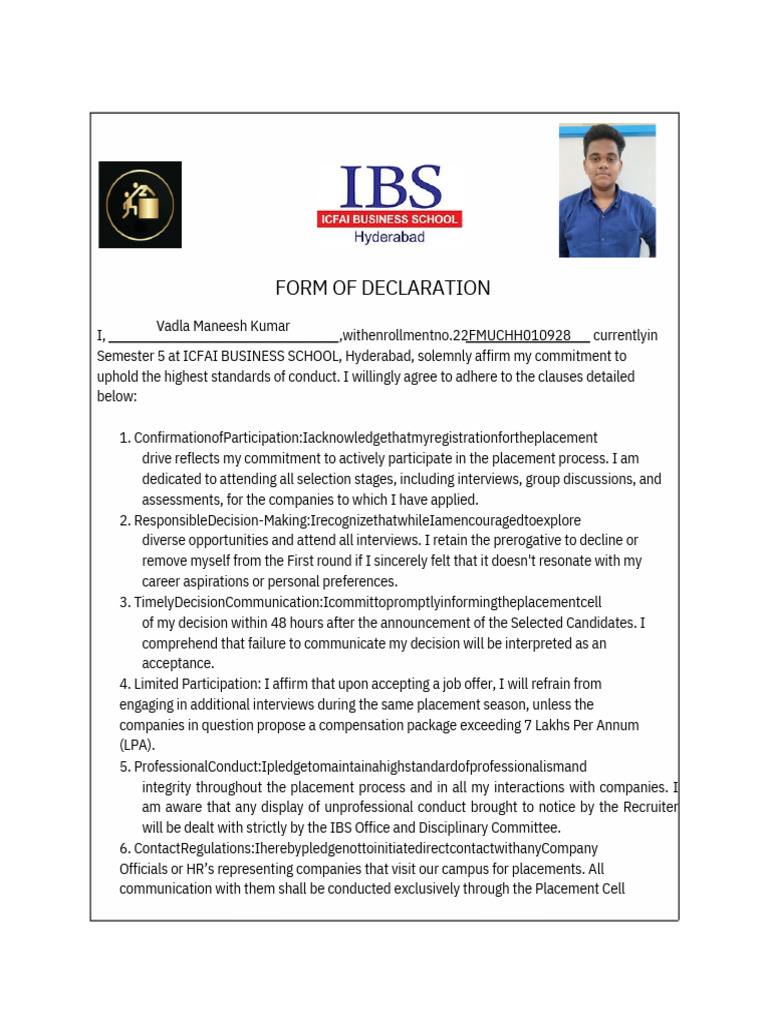 Declaration Form For Placements For Batch of 2025.Pdf - 20240912 ...