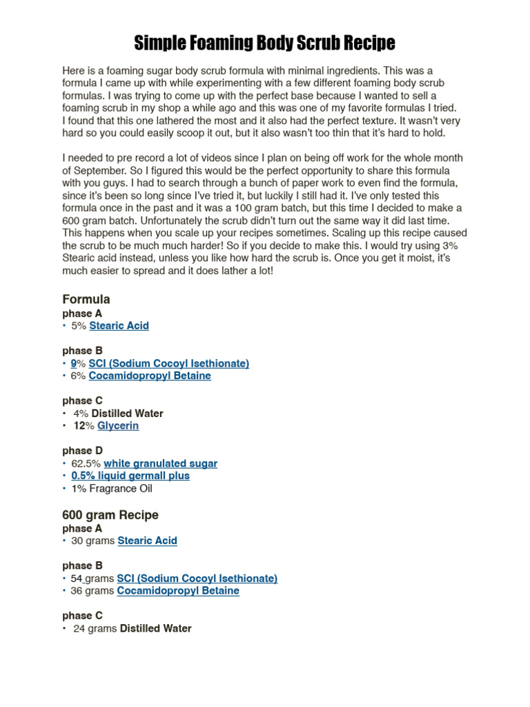Simple Foaming Body Scrub Formula | PDF | Surfactant | Water