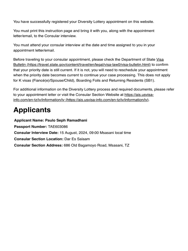 Instructions official u s department of state visa appointment