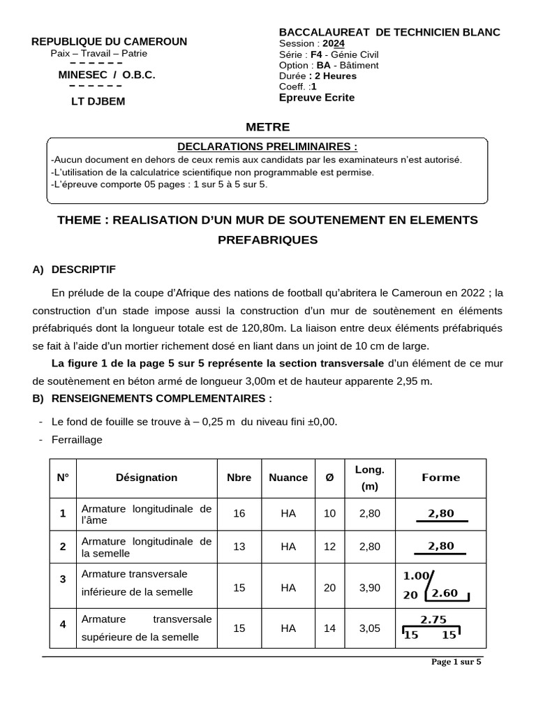 Epreuve Zero Metre Bac F4 Ba | PDF | Béton | Béton armé