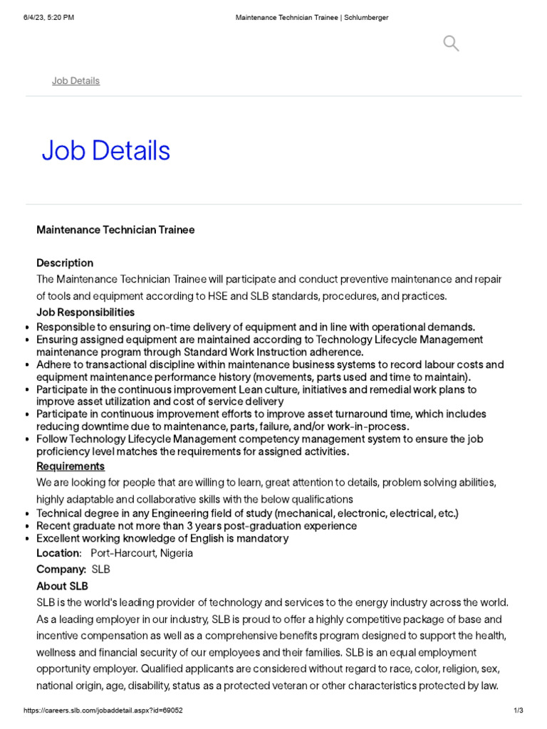 Maintenance Technician Trainee - Schlumberger | PDF | Employment | Business