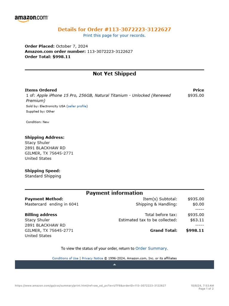 Order 113-3072223-3122627 | PDF | Apple Inc.