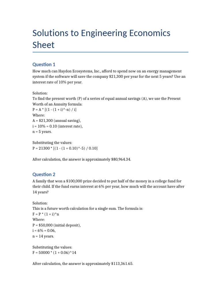 Engineering Economics Solutions | PDF | Interest | Interest Rates