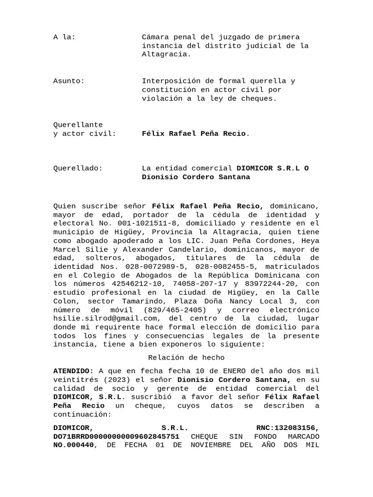 Demanda por Cheque Sin Fondos RD | PDF | Cheque | República Dominicana
