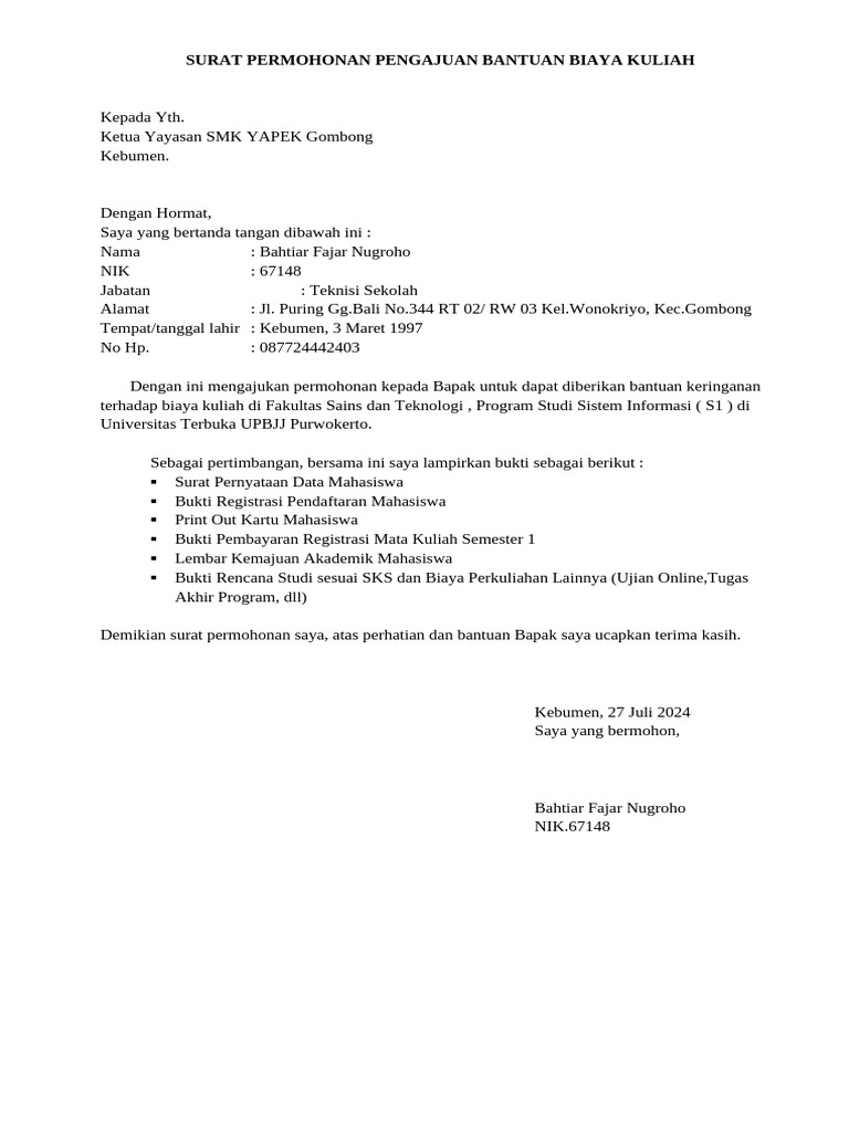Surat Permohonan Bantuan Biaya Kuliah | PDF