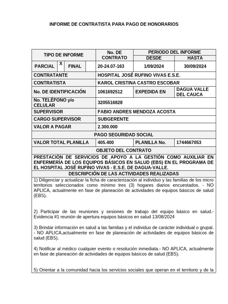 Informe de Honorarios Septiembre 2024 | PDF | Historial médico | Hospital