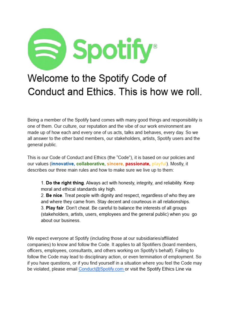 Spotify Code of Conduct and Ethics | PDF | Conflict Of Interest | Bribery