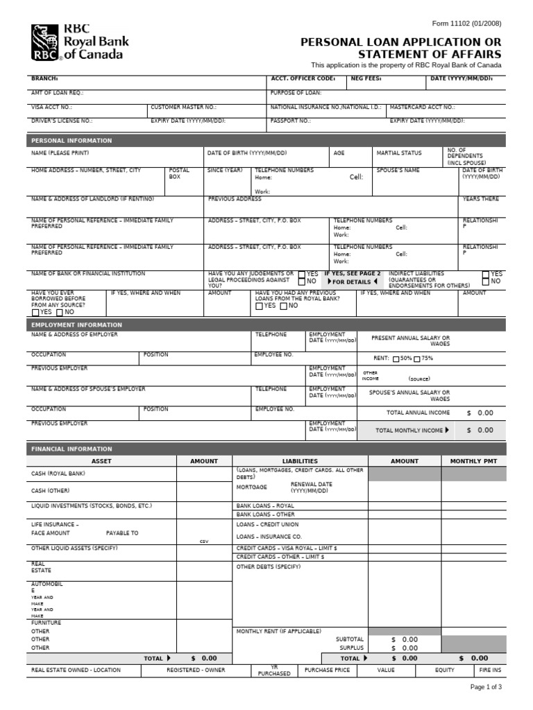 RBC Personal Loan Application Form | PDF | Credit | Finance & Money ...