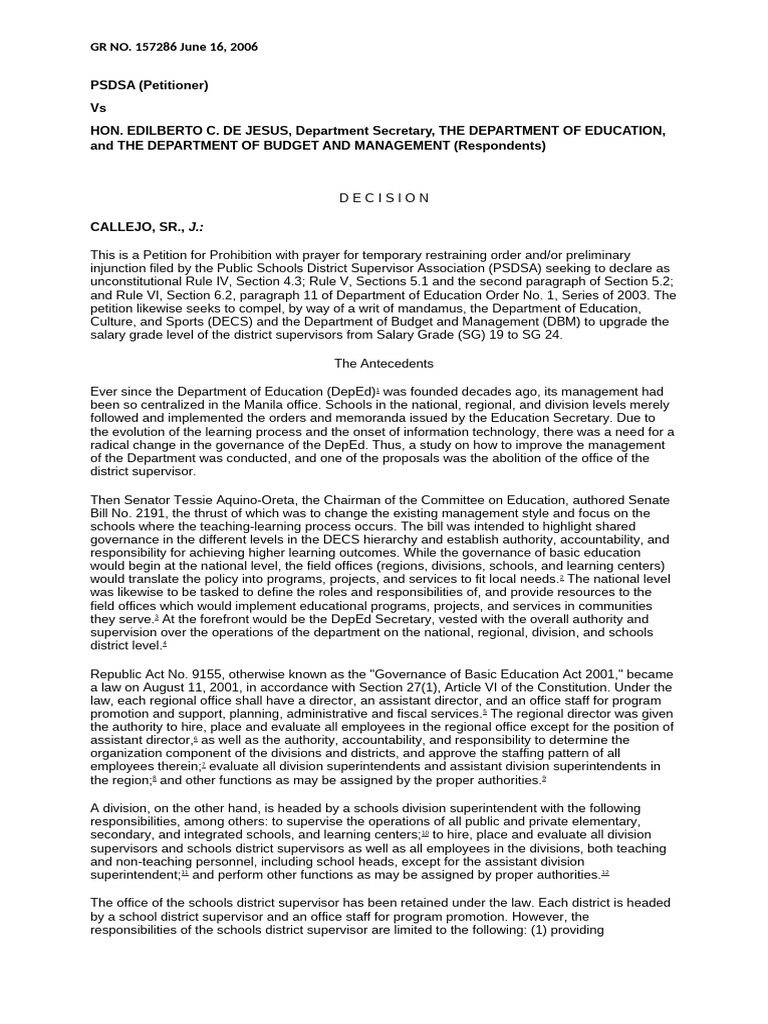 PSDSA vs. DepEd: Salary Grade Upgrade Petition | PDF | Teachers | Schools