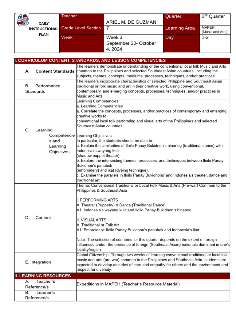 Q2-Week 3 - Grade 7 - MUsic and Arts | PDF | Performing Arts