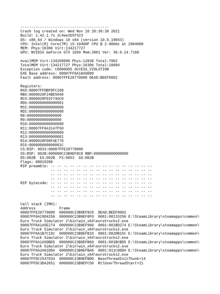 Euro Truck Simulator 2 Crash Log | PDF | Computing | Microsoft Windows