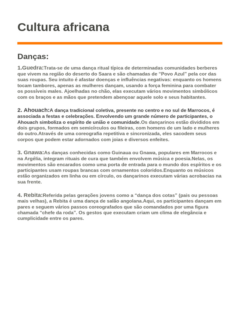 CULTURA AFRICANA - DANÇAS E ESTILOS MUSICAIS | PDF