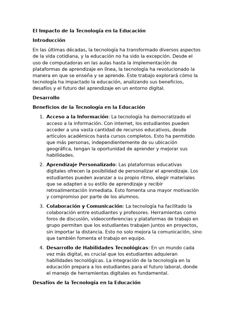 El Impacto de La Tecnología en La Educación | PDF | Enseñando | Aprendizaje