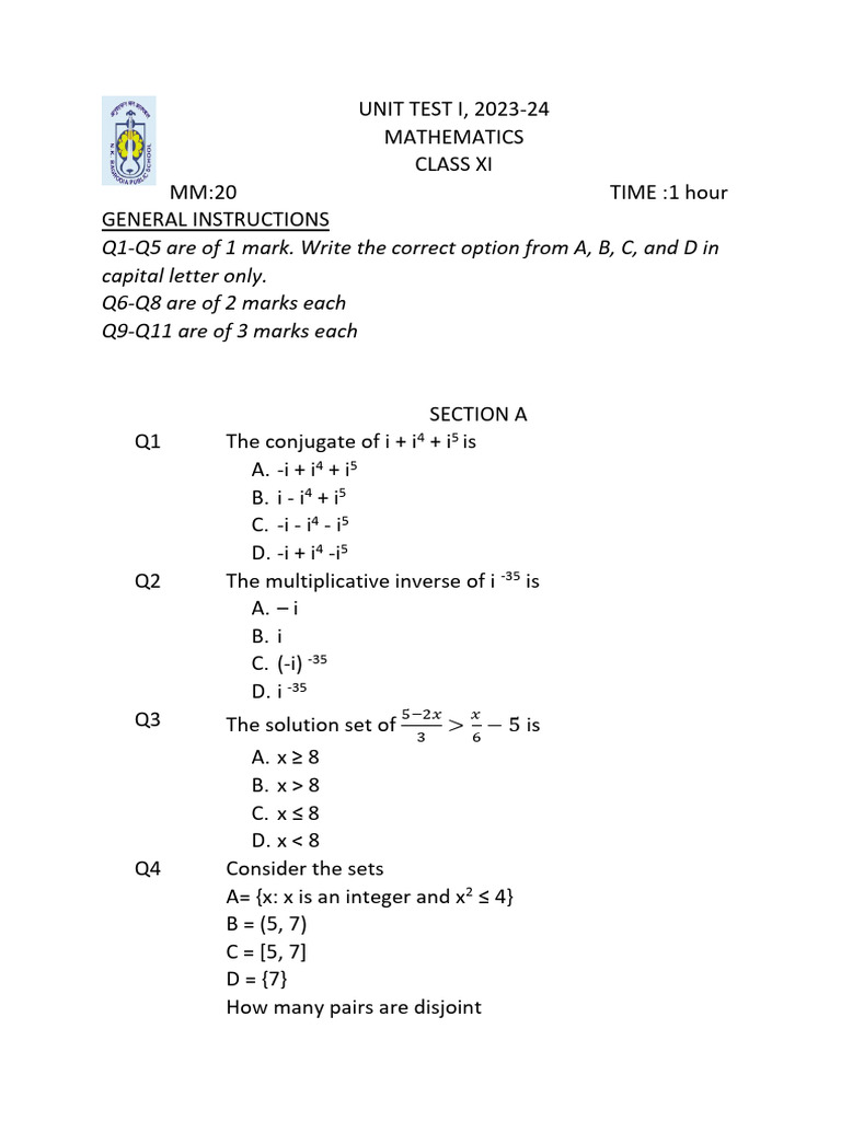 Class XI Mathematics Unit Test 2023-24 | PDF