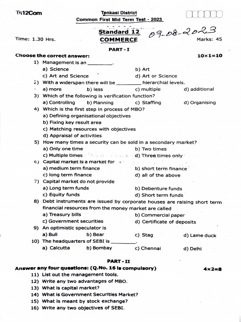 12th Commerce Em 1st Mid Term Exam 2023 Original Question Paper